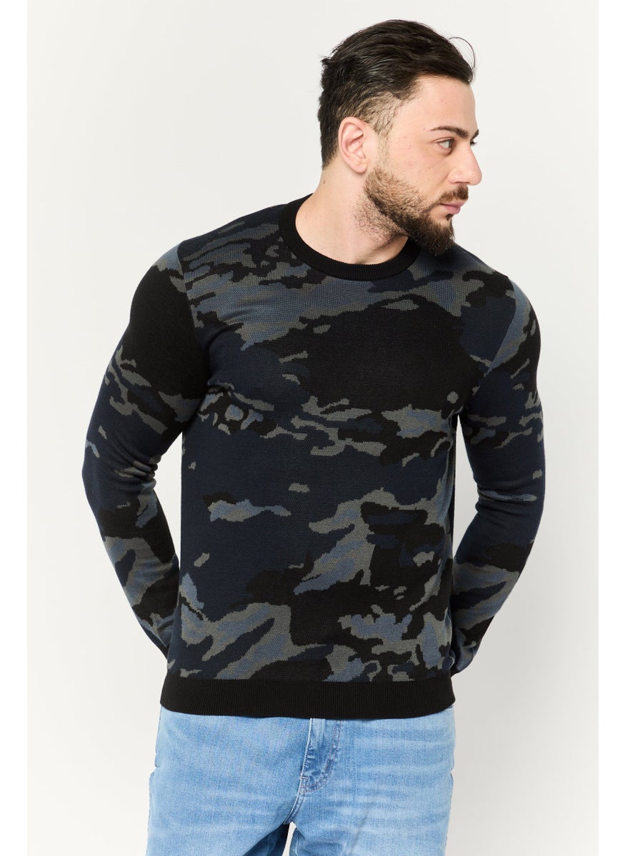 Men Crew Neck Long Sleeves Camouflage Sweater, Black Combo