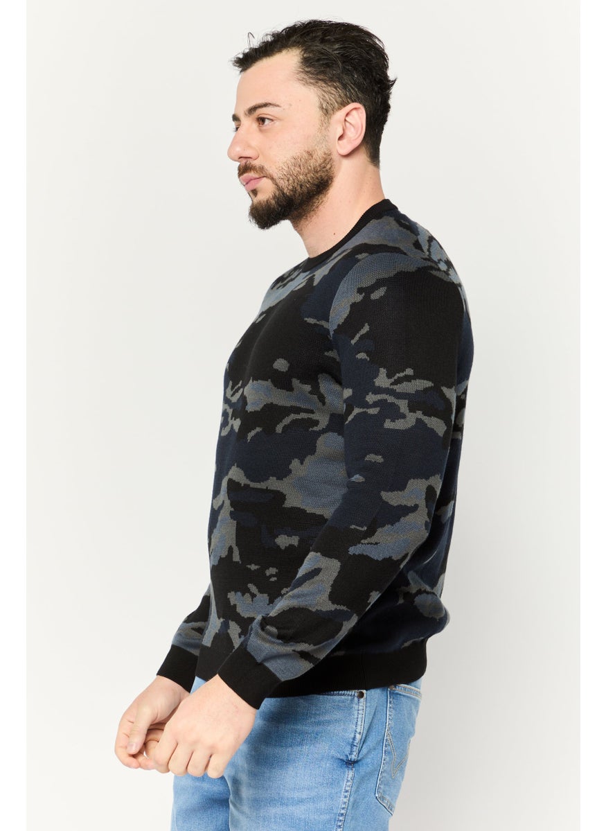 Men Crew Neck Long Sleeves Camouflage Sweater, Black Combo