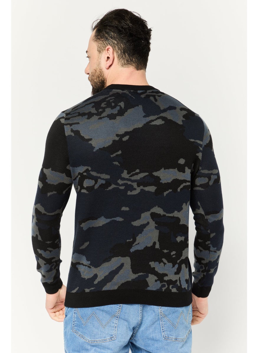 Men Crew Neck Long Sleeves Camouflage Sweater, Black Combo