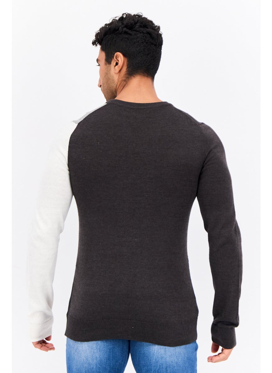 Men V-Neck Long Sleeves Colorblock Sweater, Black