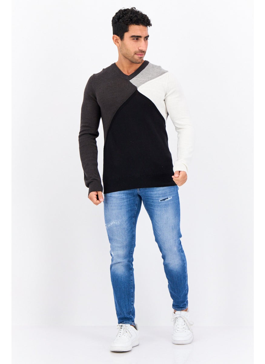 Men V-Neck Long Sleeves Colorblock Sweater, Black