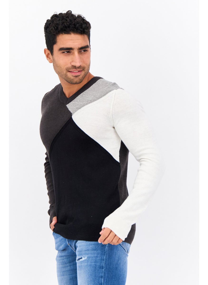 Men V-Neck Long Sleeves Colorblock Sweater, Black