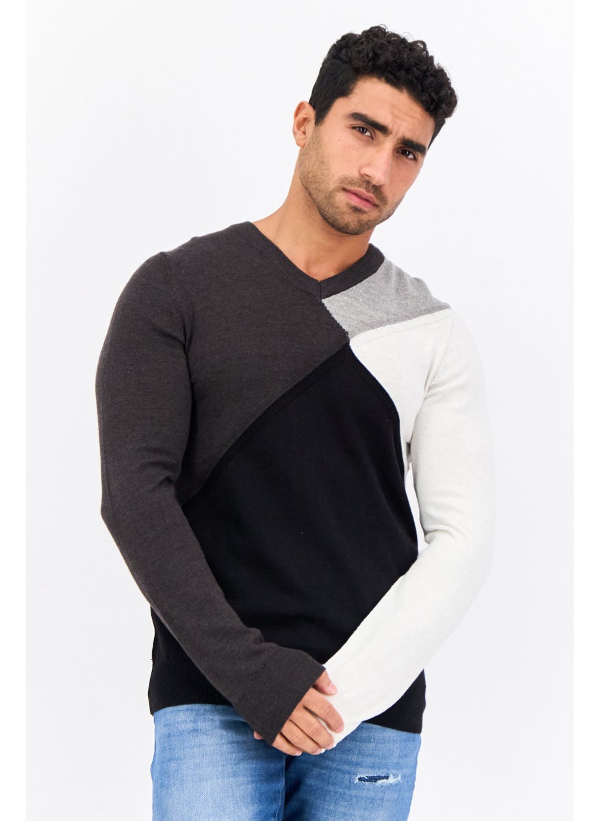 Men V-Neck Long Sleeves Colorblock Sweater, Black