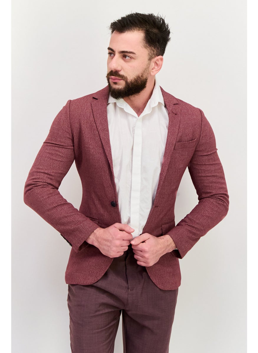 Men Regular Fit Textured Semi-Formal Blazer, Burgundy