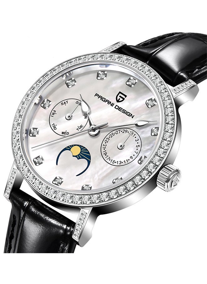 Women's Quartz Watches, Fashionable And Elegant, Silver-White Dial, Leather Strap PD1789 Black