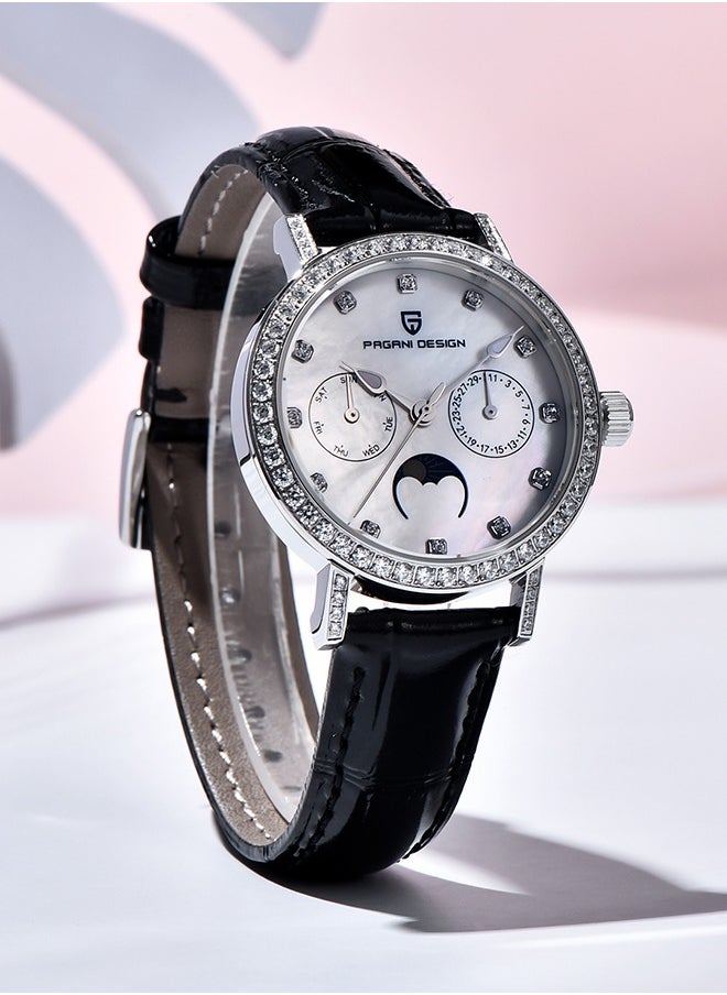 Women's Quartz Watches, Fashionable And Elegant, Silver-White Dial, Leather Strap PD1789 Black