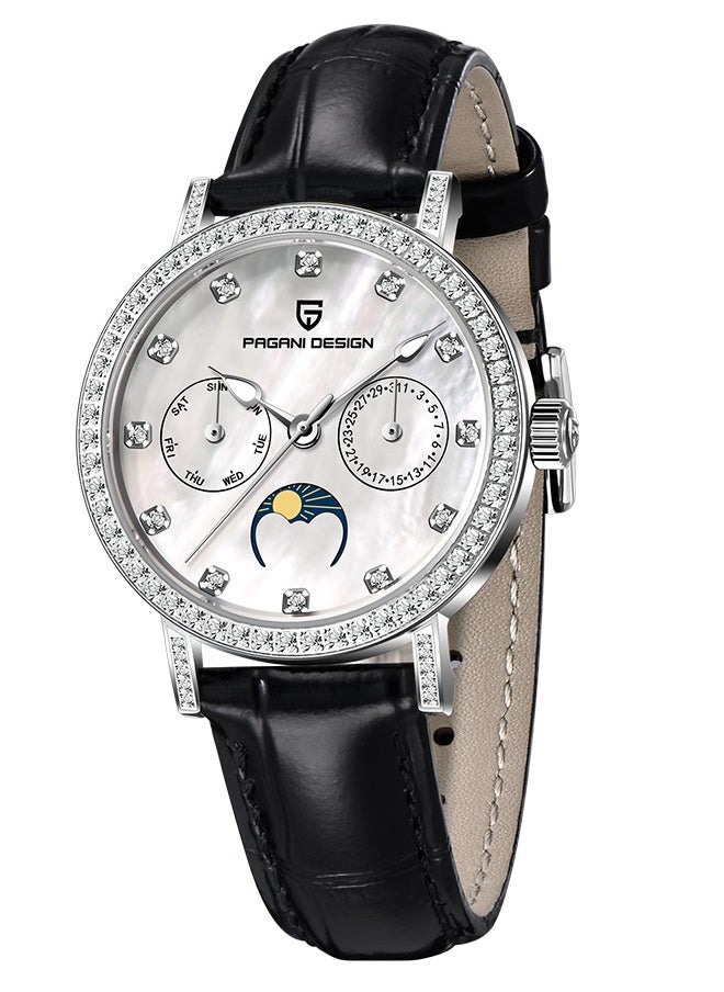 Women's Quartz Watches, Fashionable And Elegant, Silver-White Dial, Leather Strap PD1789 Black