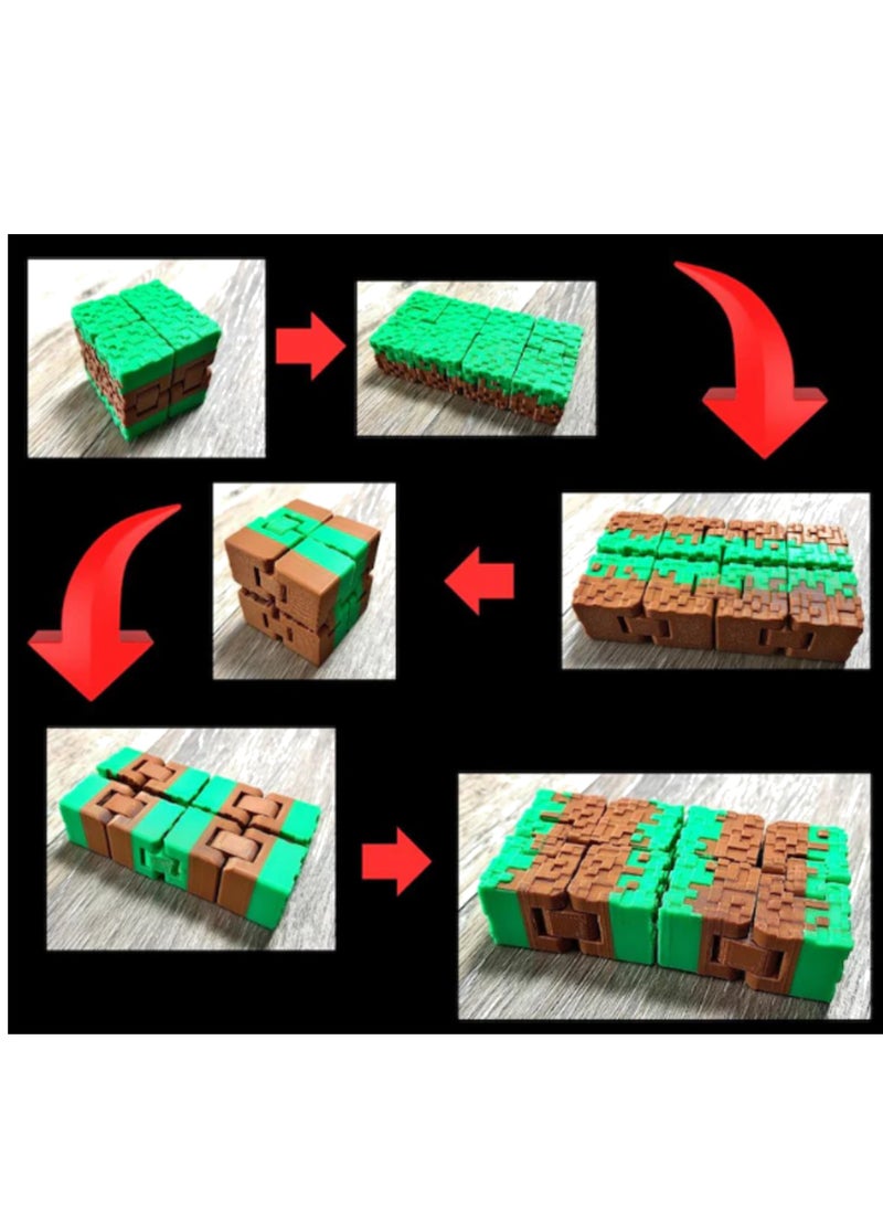 Minecraft-Inspired 3D Printed Infinity Fidget Cube Toy – Pixel Block Grass Stress Relief Puzzle