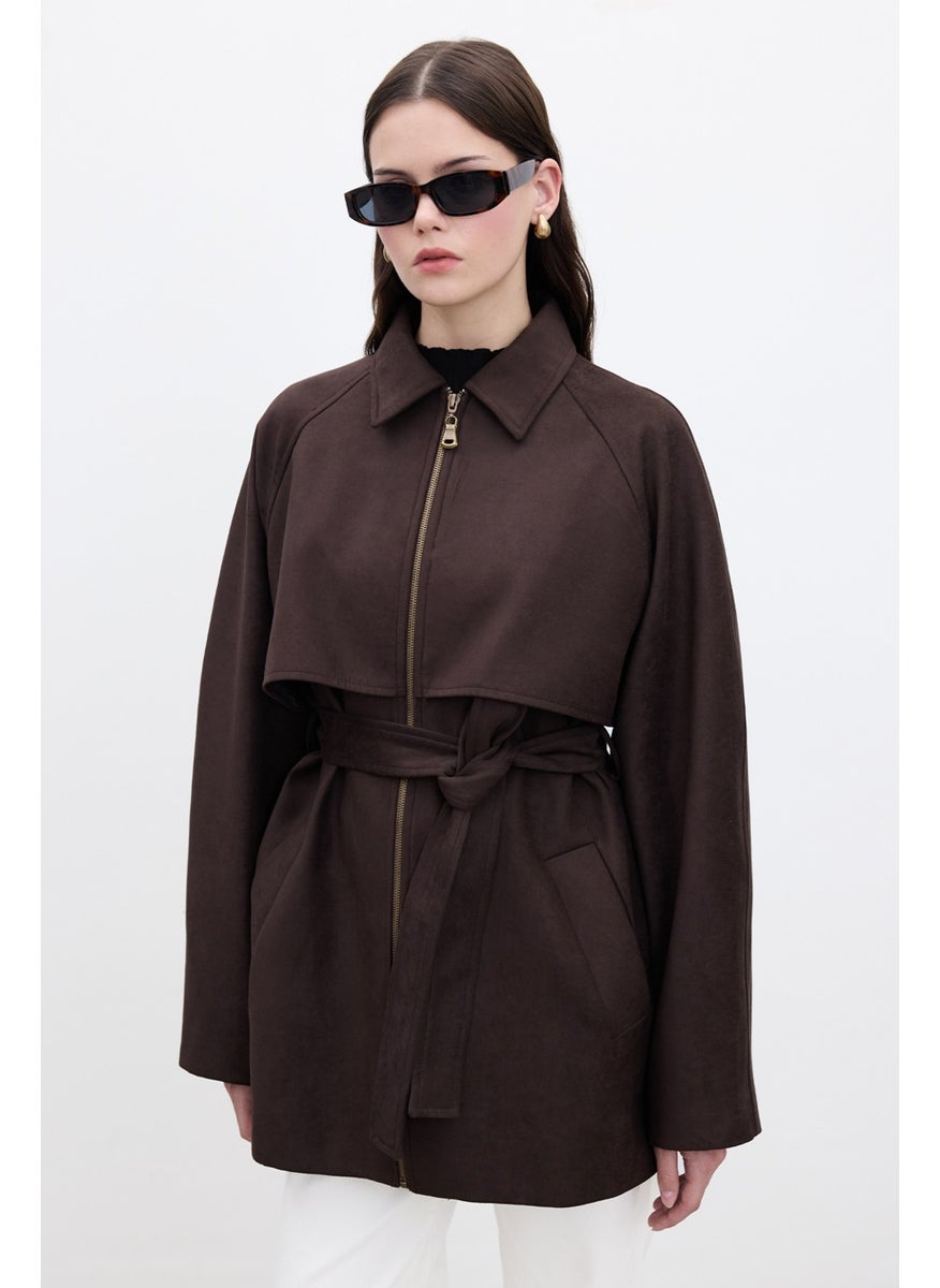 Suede Trench Style Jacket Brown