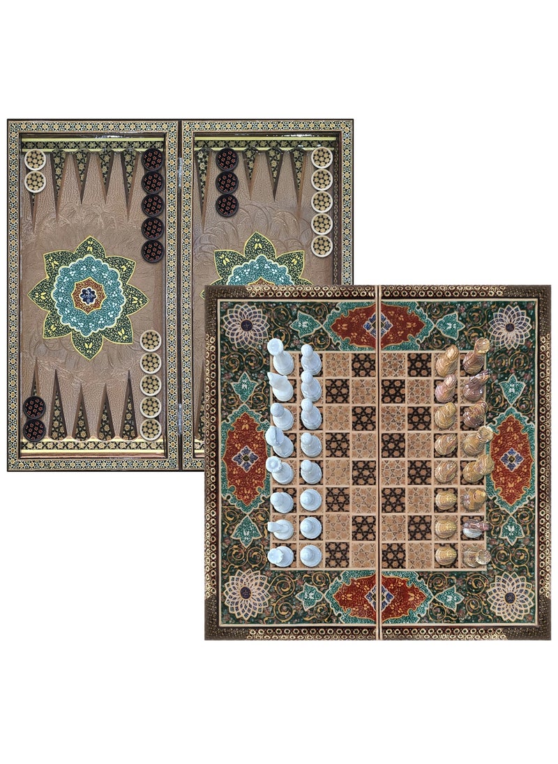 Handmade Persian Khatam Chess Set with Backgammon and Marble Stone Pieces – A Timeless Masterpiece 50x50cm