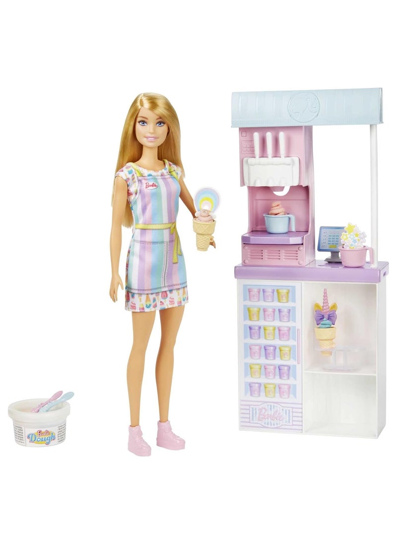 Barbie Ice Cream Shop Playset with 12 in Blonde Doll, Ice Cream Shop, Ice Cream Making Feature & Realistic Play Pieces