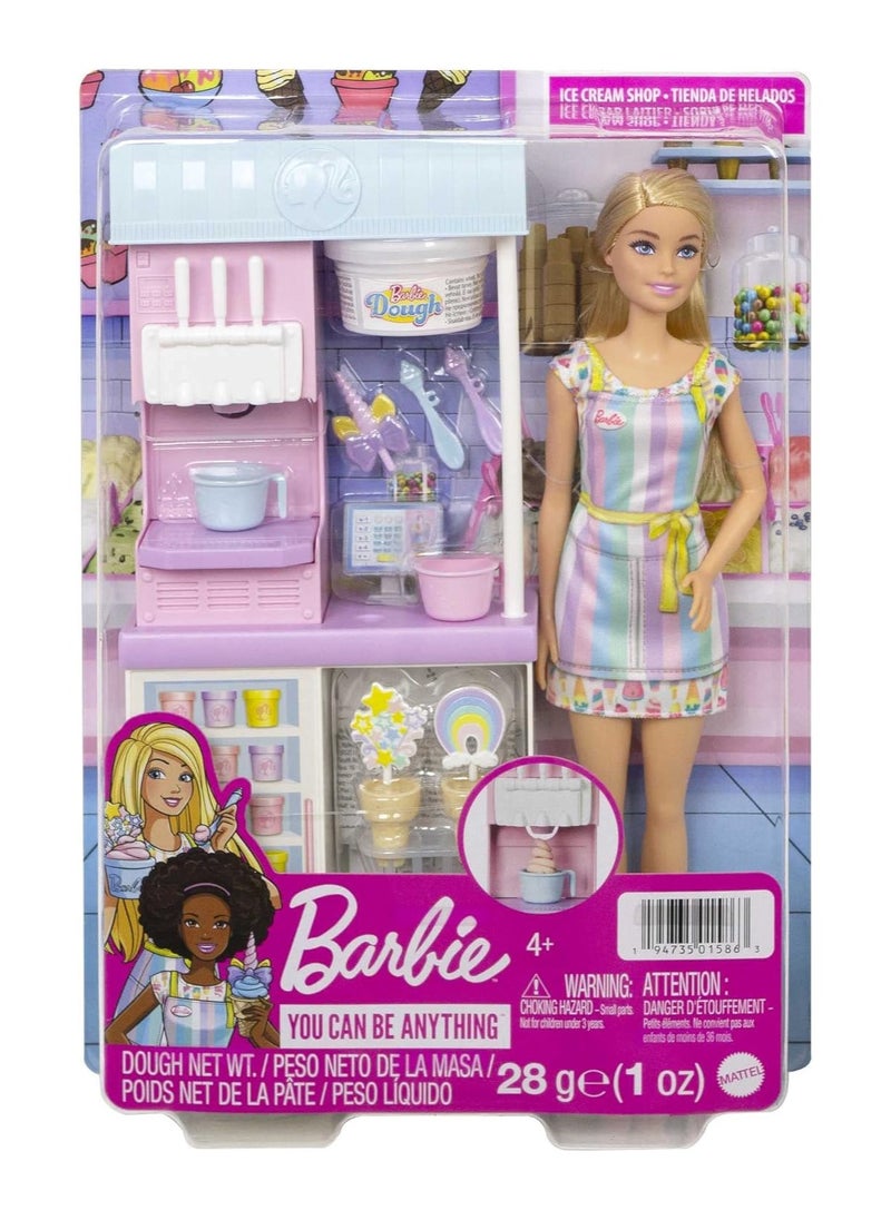 Barbie Ice Cream Shop Playset with 12 in Blonde Doll, Ice Cream Shop, Ice Cream Making Feature & Realistic Play Pieces