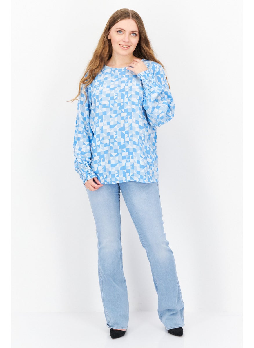 Women Round Neck Long Sleeve Allover Print Blouse, Blue Combo