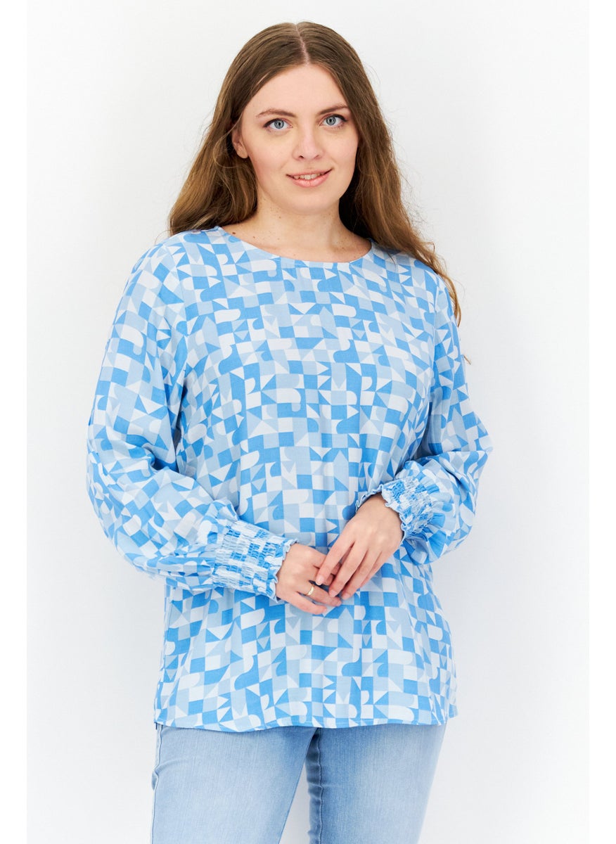 Women Round Neck Long Sleeve Allover Print Blouse, Blue Combo