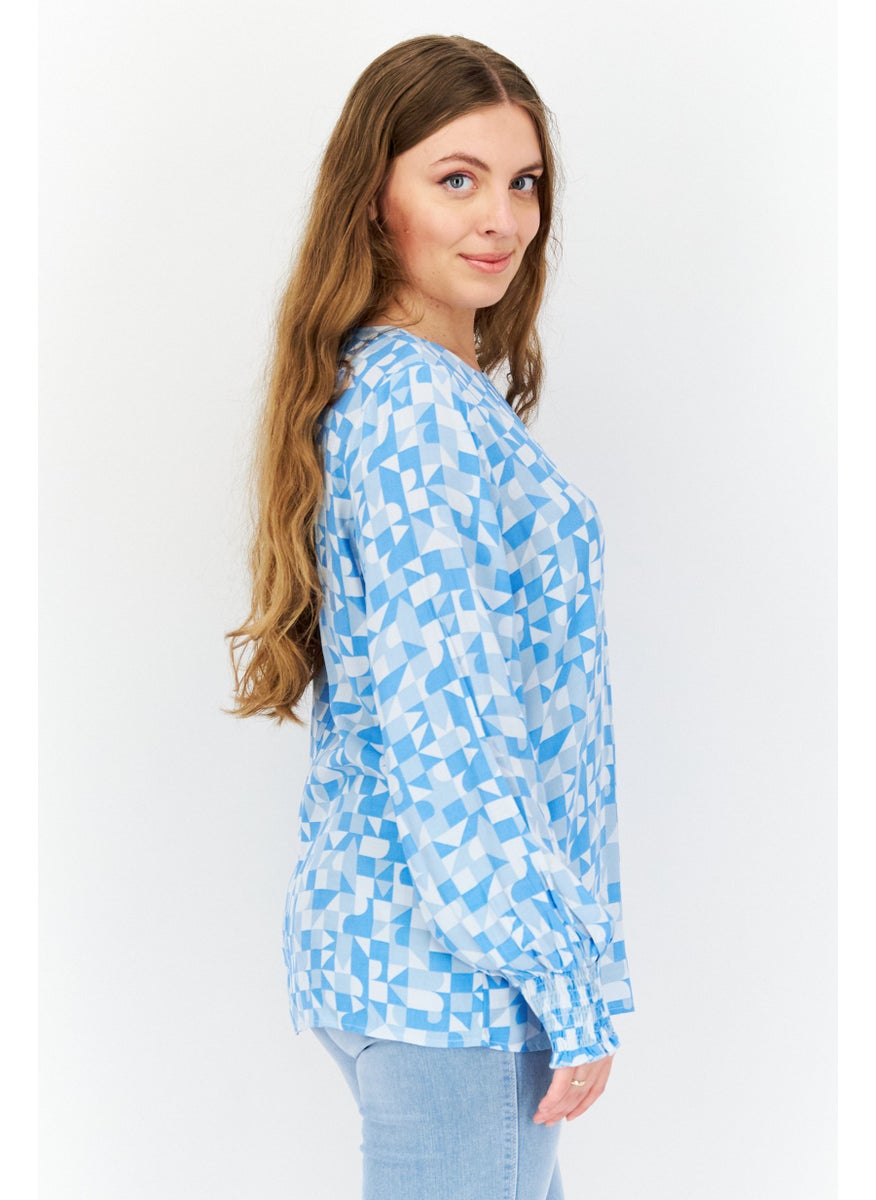 Women Round Neck Long Sleeve Allover Print Blouse, Blue Combo