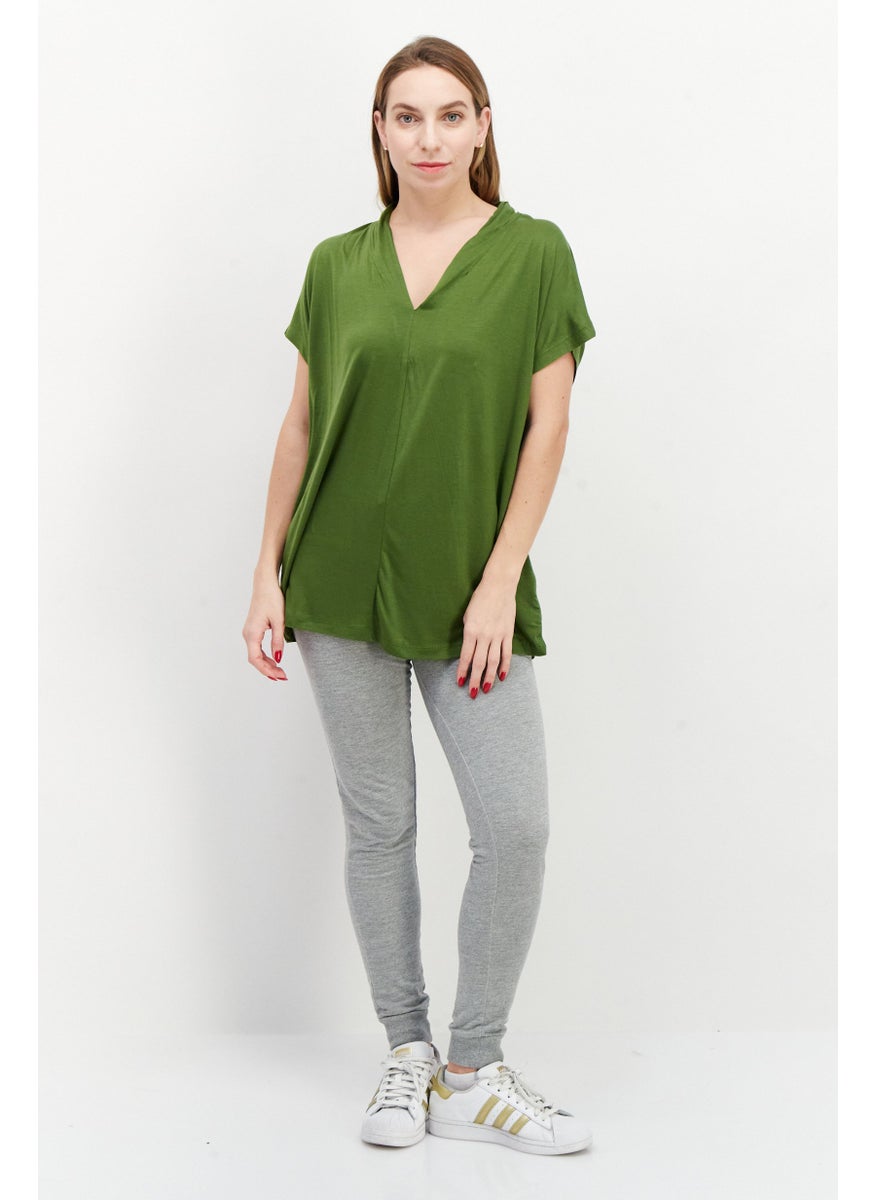 Women V-Neck Short Sleeve Plain Top, Green