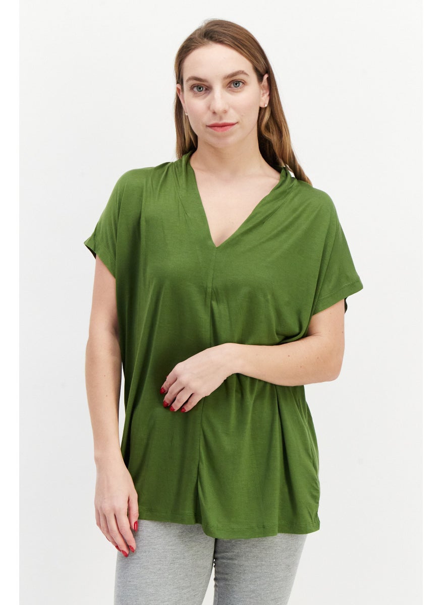 Women V-Neck Short Sleeve Plain Top, Green