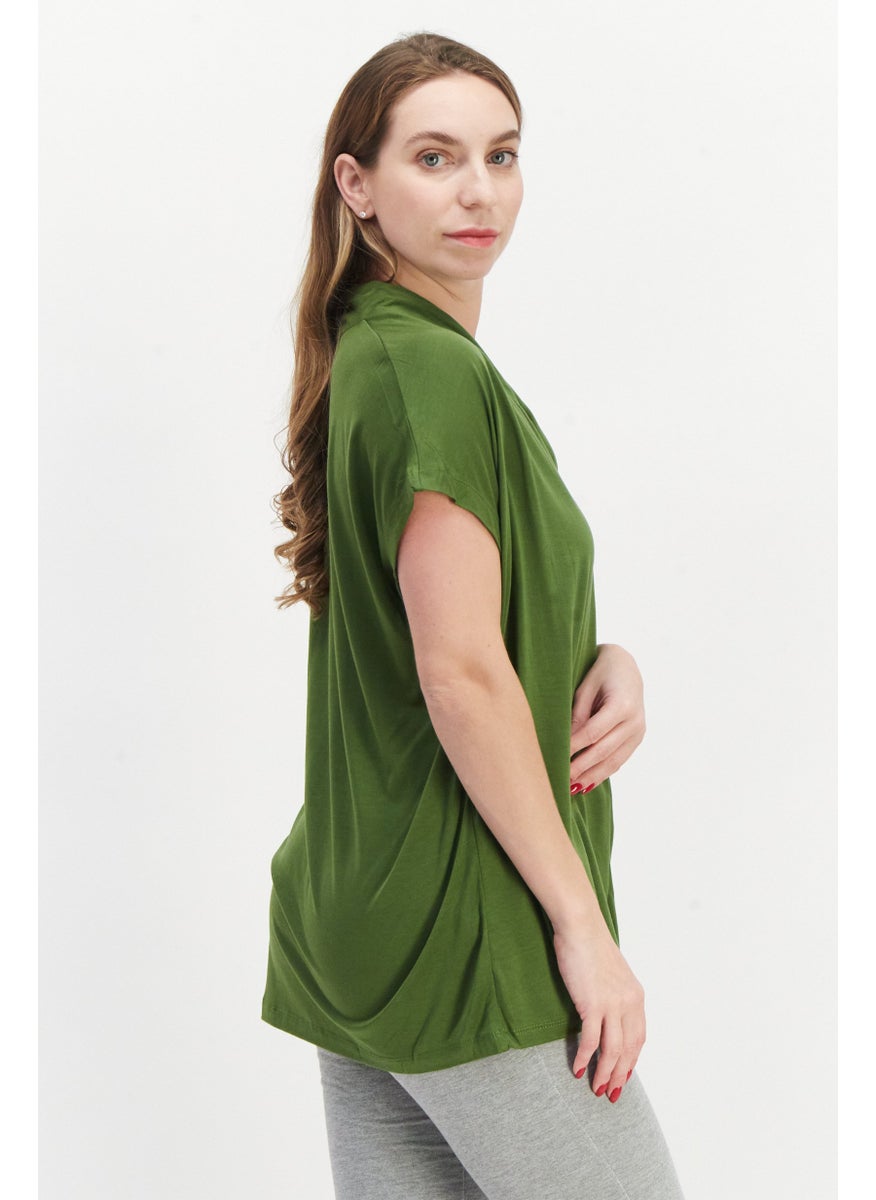 Women V-Neck Short Sleeve Plain Top, Green