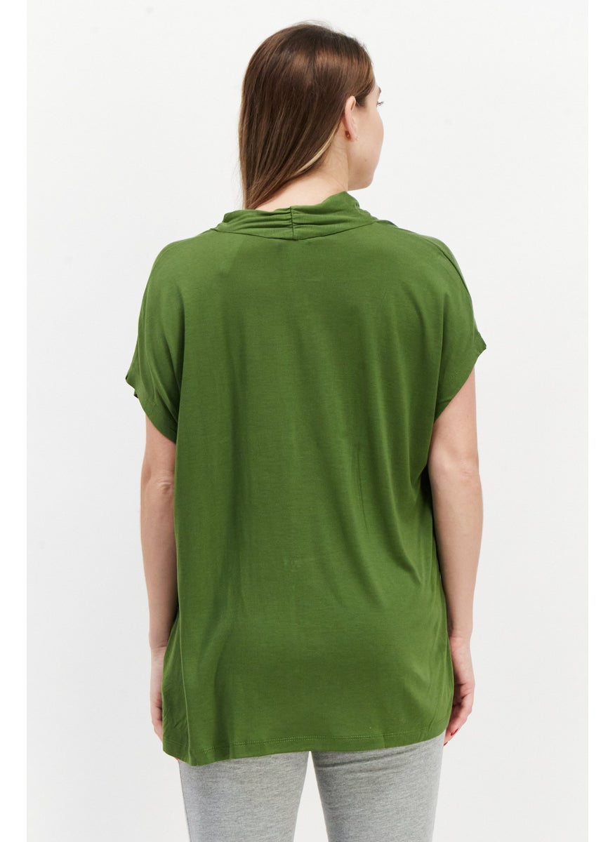 Women V-Neck Short Sleeve Plain Top, Green