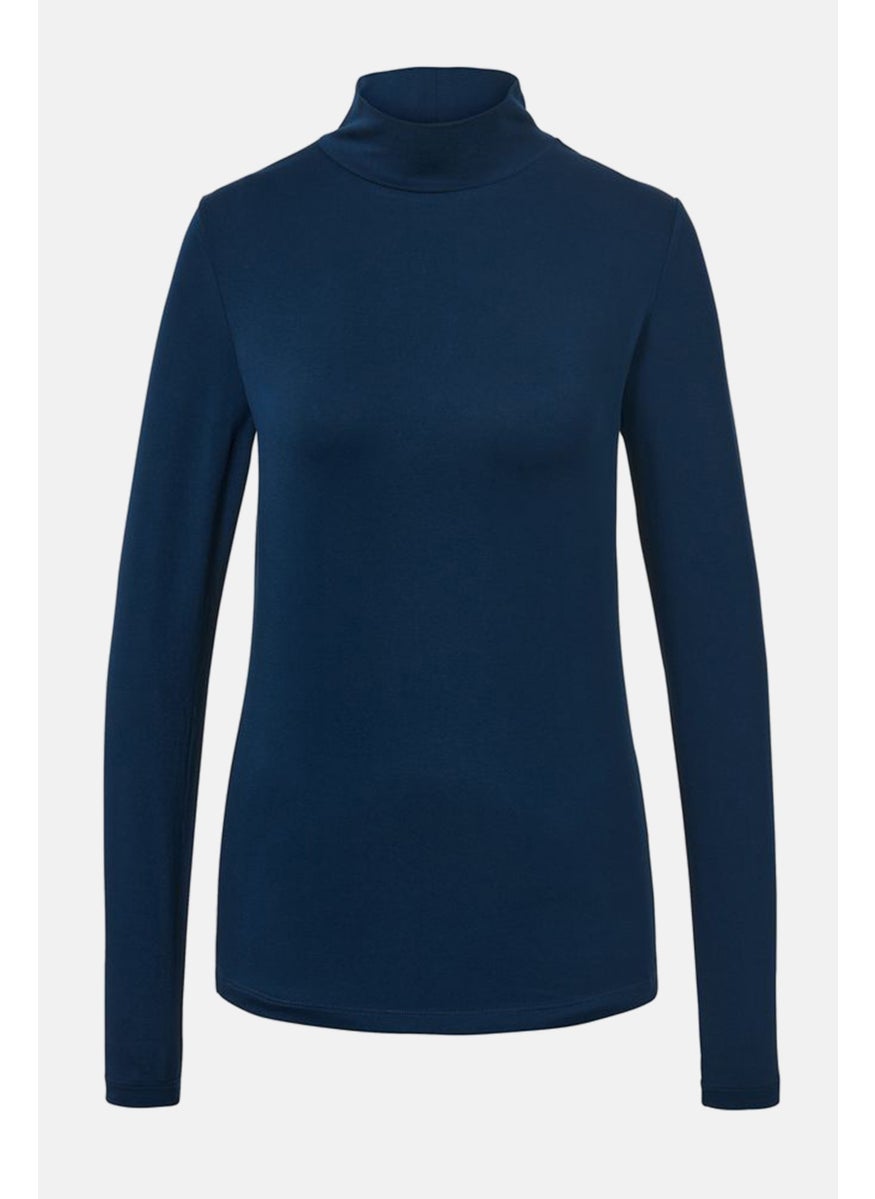 Women High Neck Long Sleeve  Solid Top, Navy