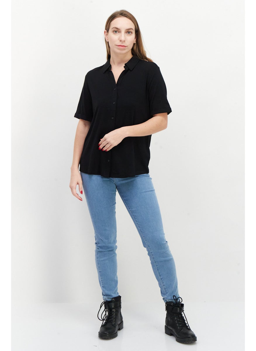 Women Spread Neck Short Sleeve Solid Top, Black