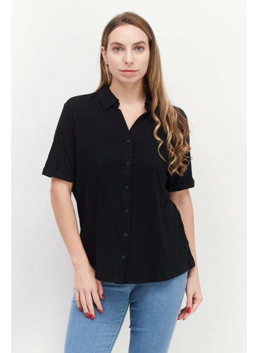 Women Spread Neck Short Sleeve Solid Top, Black