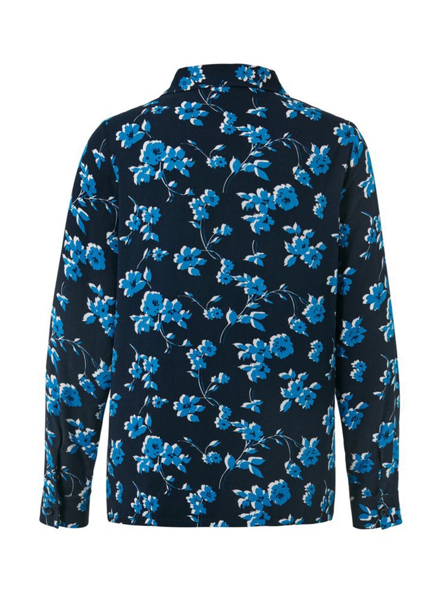 Women V-neck Long Sleeve Floral Print Blouse, Dark Blue Combo