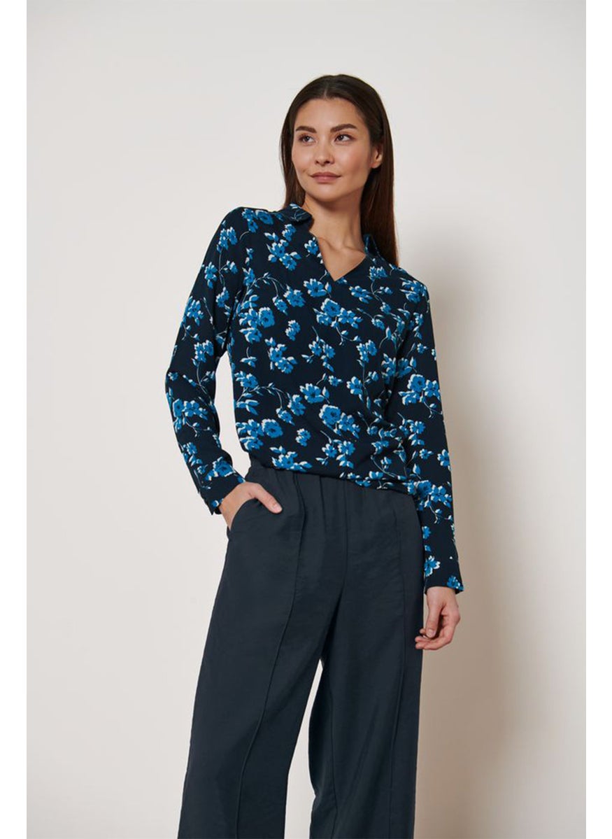 Women V-neck Long Sleeve Floral Print Blouse, Dark Blue Combo