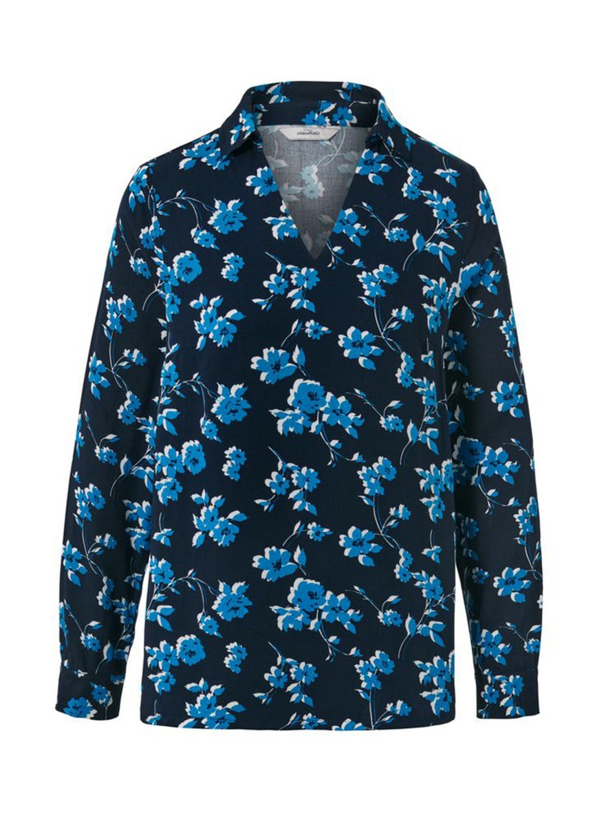 Women V-neck Long Sleeve Floral Print Blouse, Dark Blue Combo