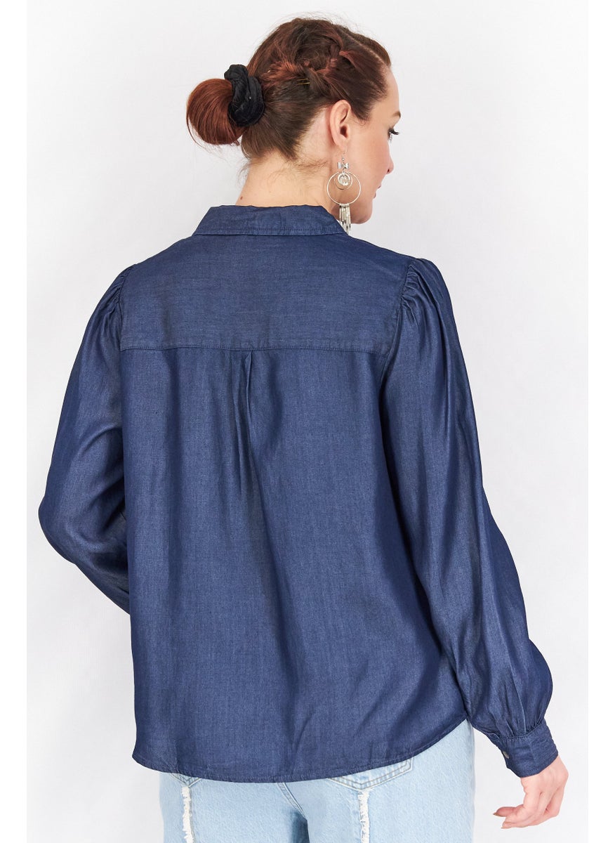 Women Spread Neck Long Sleeves Plain Shirts, Navy