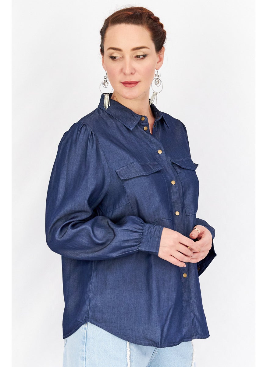 Women Spread Neck Long Sleeves Plain Shirts, Navy