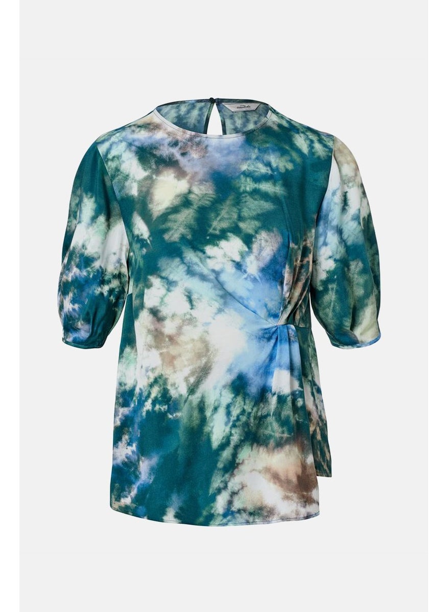 Women Round Neck Short Sleeve Tie Dye Top, Teal Combo