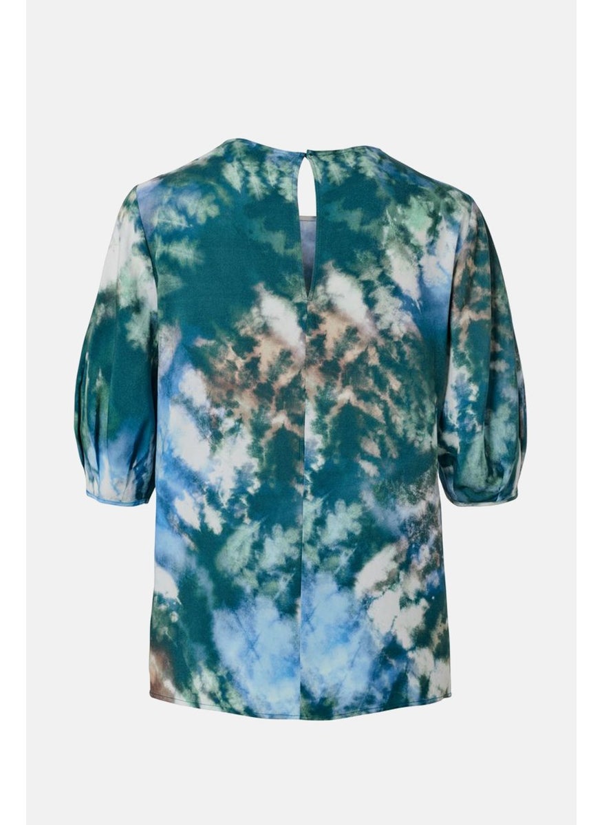 Women Round Neck Short Sleeve Tie Dye Top, Teal Combo