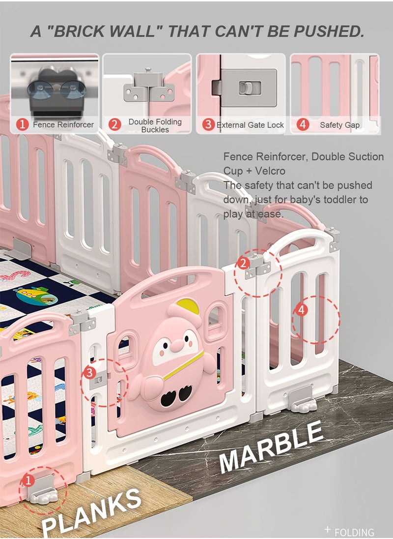 14-Panel Baby Play Yards with Lock Door & Anti-Slip Rubber Bases, Foldable Playpen for Babies and Toddlers, Adjustable Shape Baby Fence, Safety Play Yard with Gate