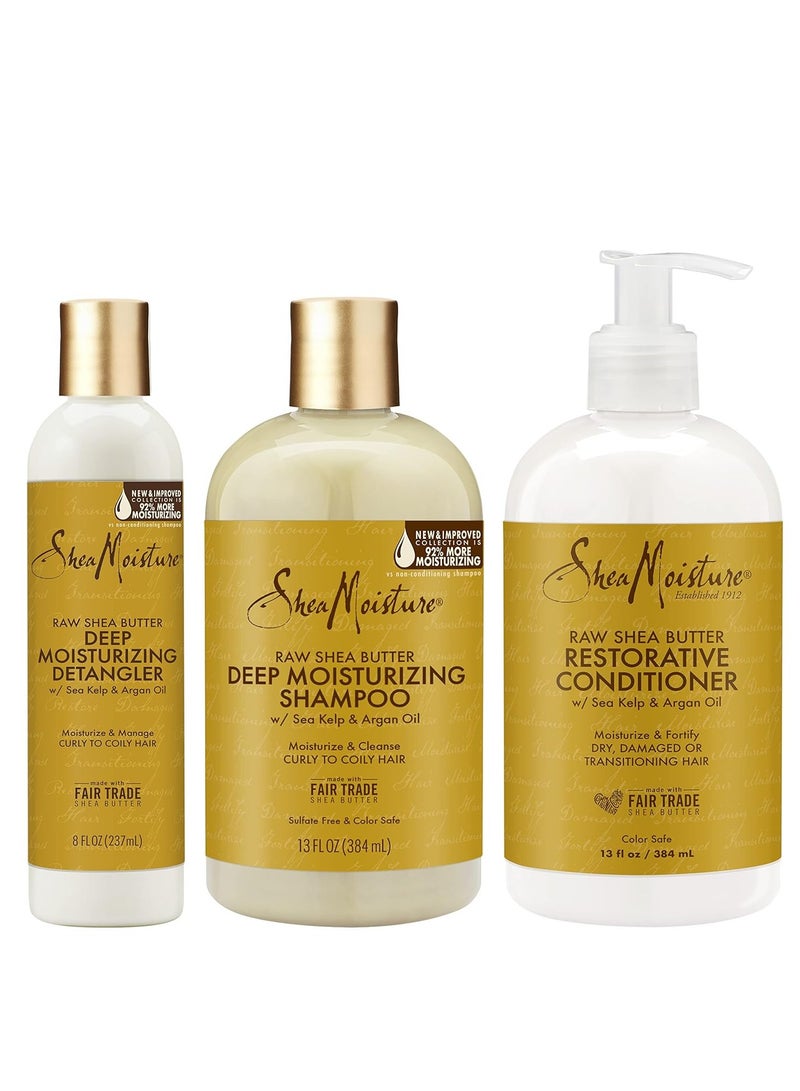 Deep Moisturizing Hair Care For Curly, Dry and Damaged Hair Raw Shea Butter 3 Count Sulfate Free Shampoo and Conditioner, Hair Detangler with Sea Kelp and Argan Oil