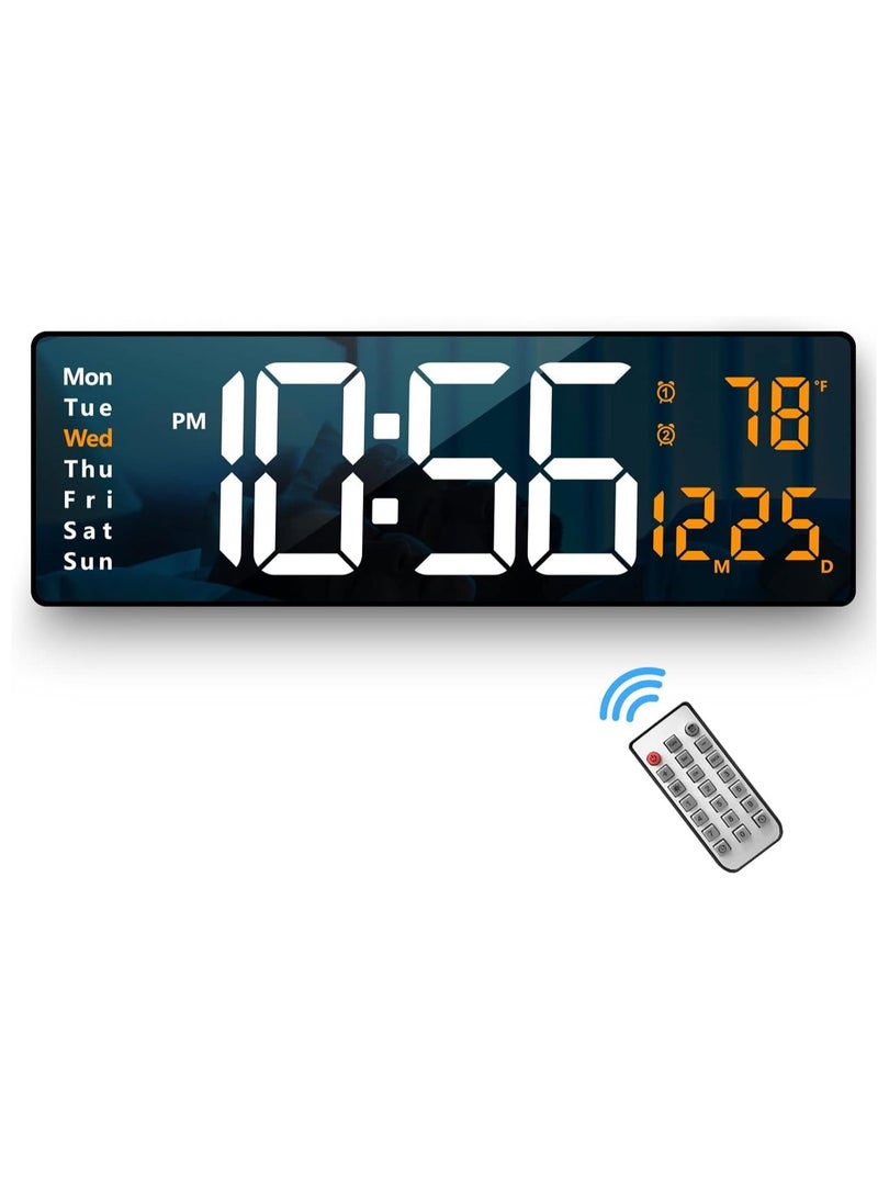 Digital Wall Clock Large Display, 16.2 Inch | LED Digital Clock with Remote Control | Automatic Brightness Dimmer | Date, Week & Temperature Display | Modern Living Room Decor | Orange