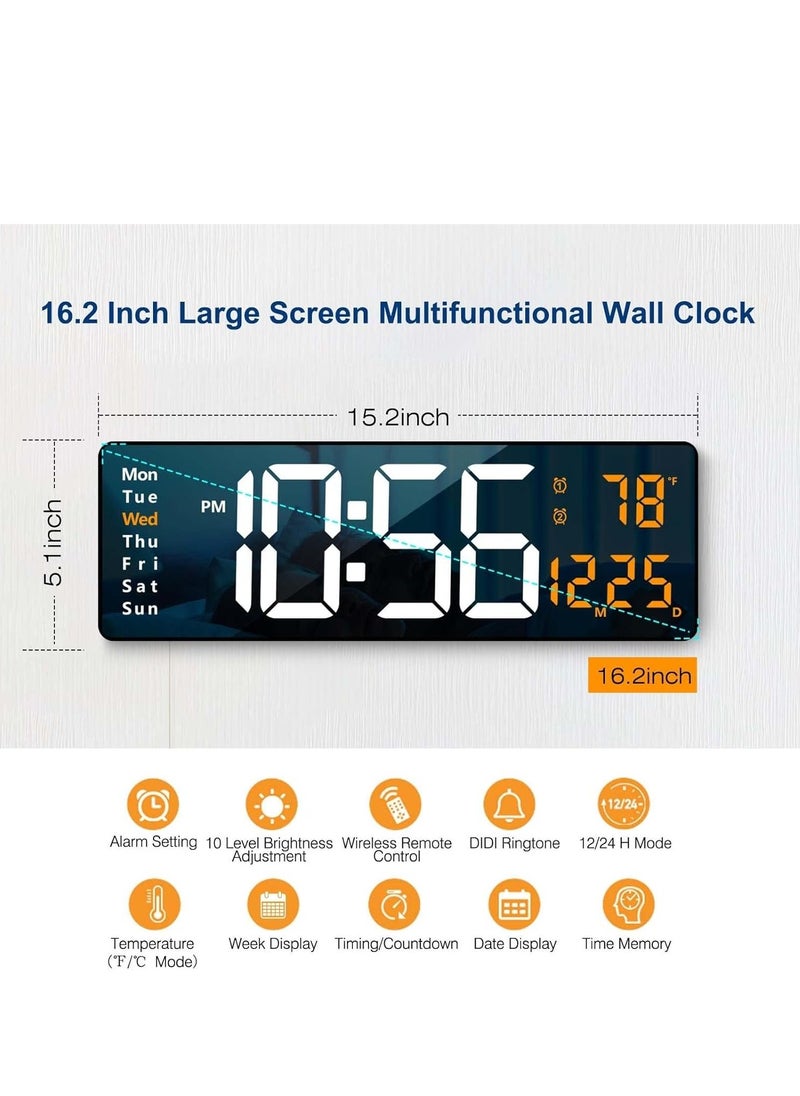 Large Display Digital Wall Clock, 16.2 Inch LED Digital Clock with Remote Control – Auto Dimming, Displays Date, Week, Temperature, Ideal for Living Room Decor, Orange