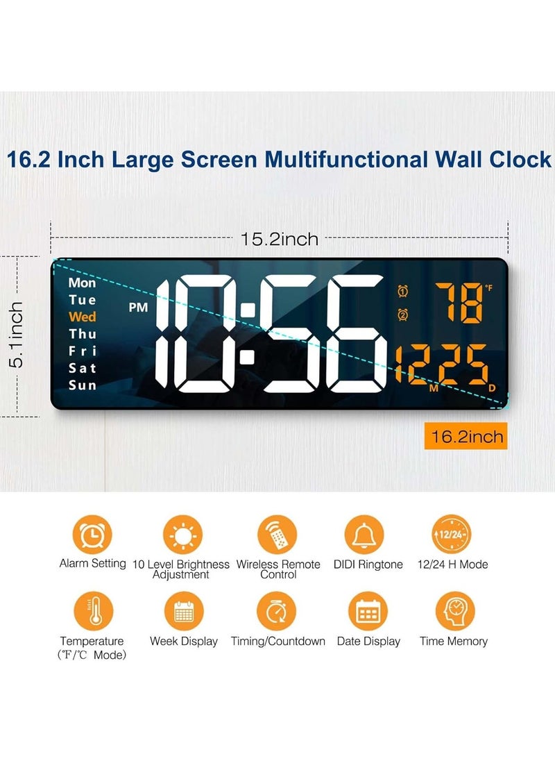 Large Plastic Digital Wall Clock with 16.2 Inch Display – LED Digital Clock with Remote Control, Auto Brightness Dimming, Date, Week, Temperature Display, Stylish Orange Color, Ideal for Home, Office, Bedroom, and Living Room