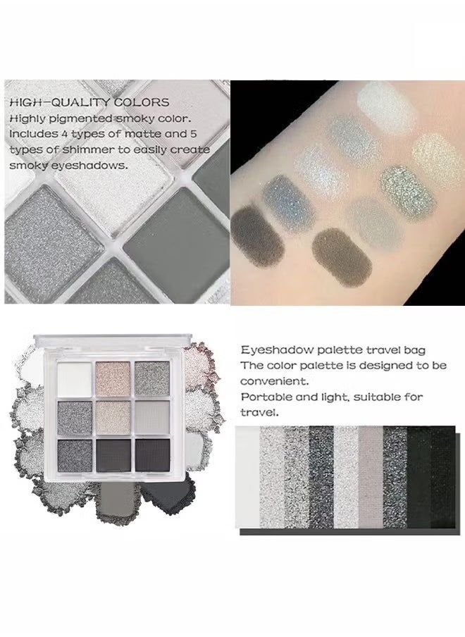 Multi Color Eyes Palette ,Black Grey Silver Smokey Eyeshadow Palette, 9 Colors Cool Toned Matte Glitter Eyeshadow Palette Longlasting Waterproof Eye Shadow for Girls and Women