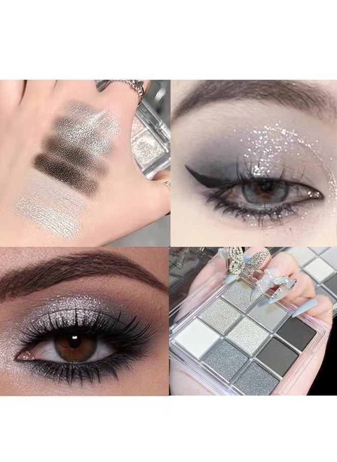 Multi Color Eyes Palette ,Black Grey Silver Smokey Eyeshadow Palette, 9 Colors Cool Toned Matte Glitter Eyeshadow Palette Longlasting Waterproof Eye Shadow for Girls and Women