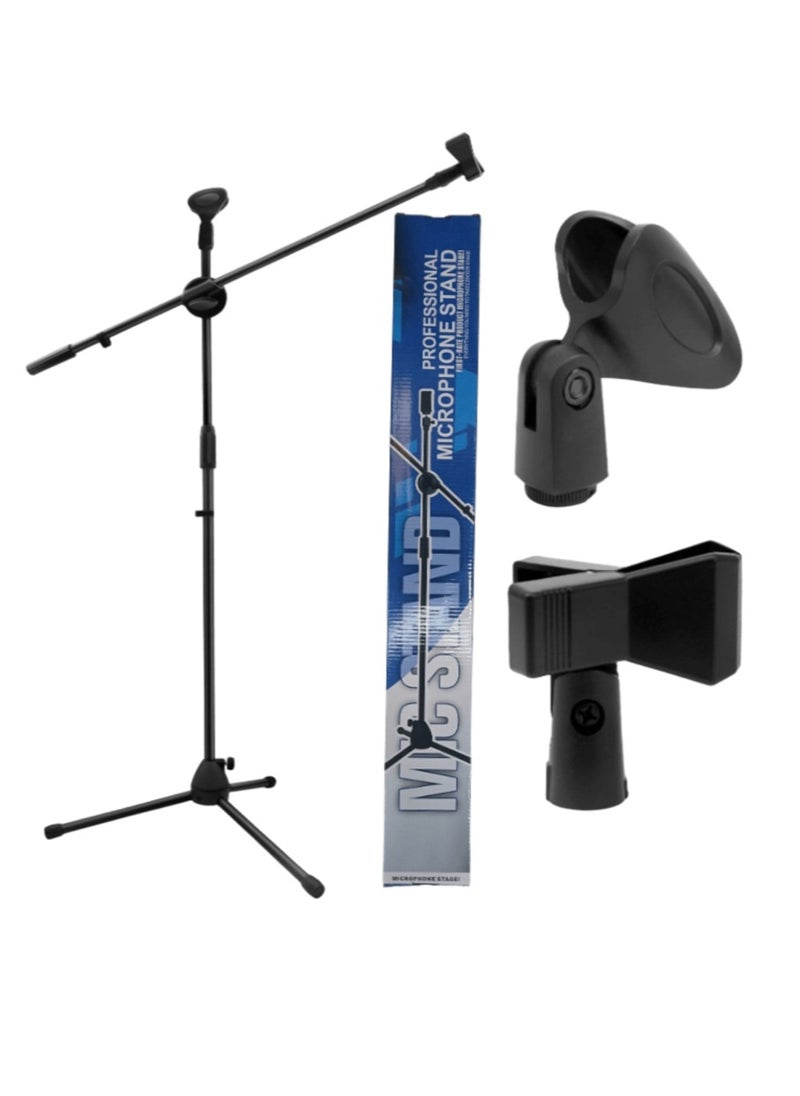 Professional Microphone Stand, Tripod Mic Stand Boom With Dual Mic Clip Holder, Height Adjustable, Black