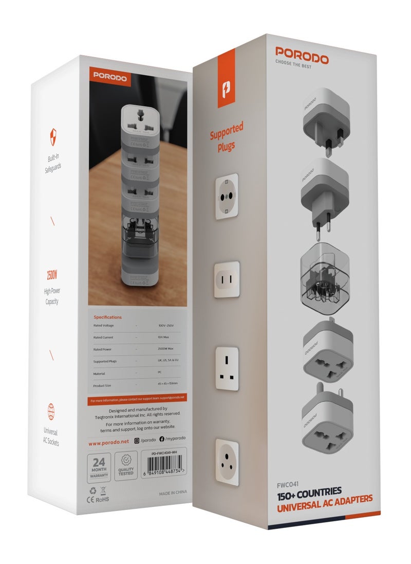 Universal AC Adapters 2500W / 150+ Countries  / Universal AC Sockets / Built-In Safeguards / Compact Design - White