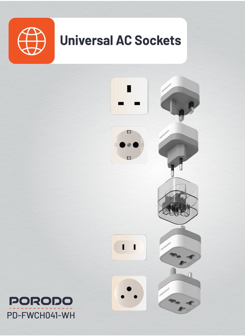 Universal AC Adapters 2500W / 150+ Countries  / Universal AC Sockets / Built-In Safeguards / Compact Design - White