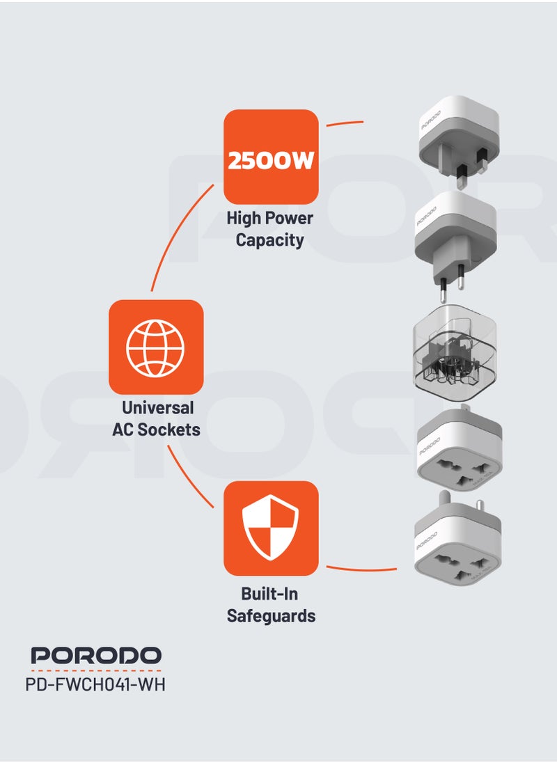 Universal AC Adapters 2500W / 150+ Countries  / Universal AC Sockets / Built-In Safeguards / Compact Design - White