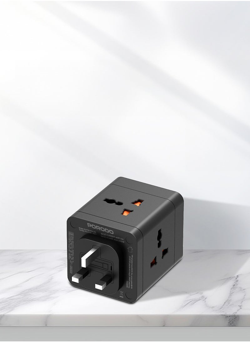 4 AC Universal Power Block Adapter 2500W/ 2 USB-A/1 USB-C/ Built-In Safeguard /  Simultaneous Charging/ ×4 AC Outlet Travel Adapter / On/Off Switch/ 3pin Plug - Black