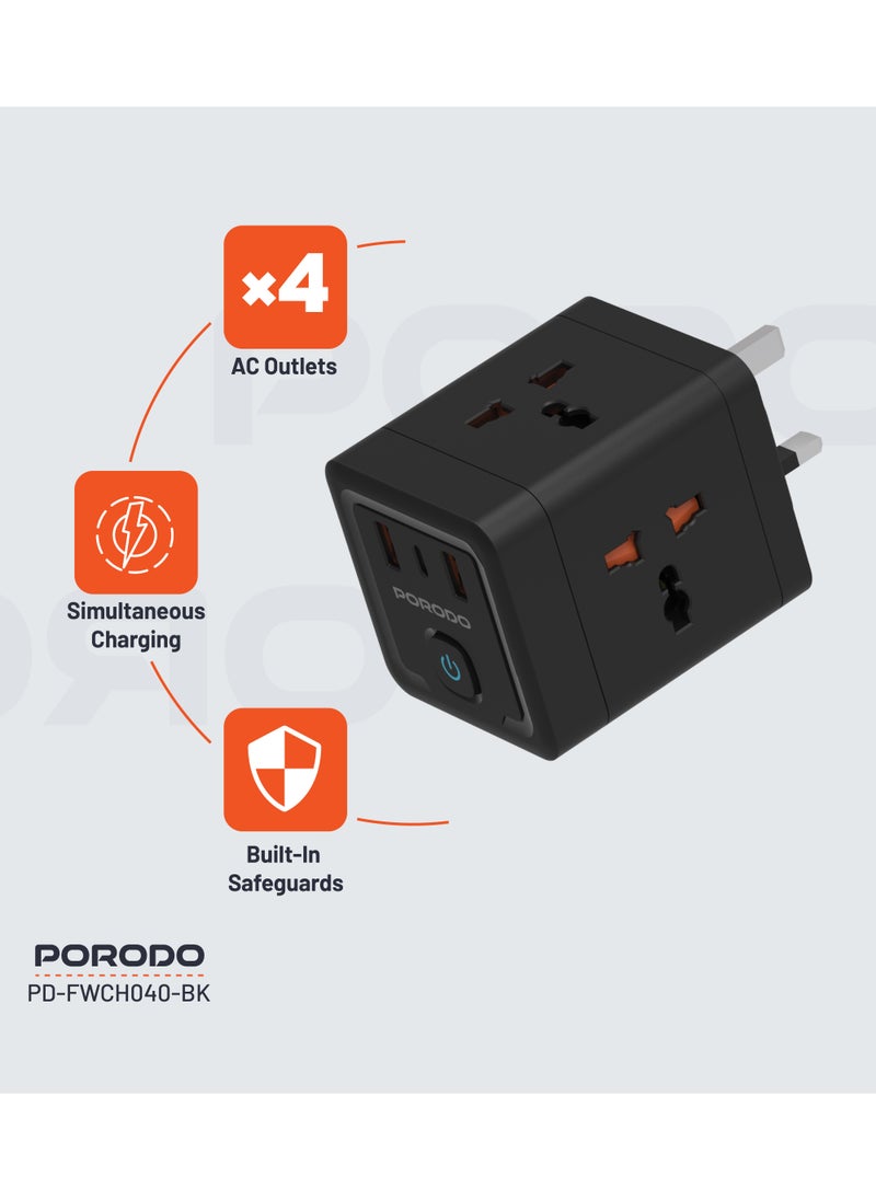 4 AC Universal Power Block Adapter 2500W/ 2 USB-A/1 USB-C/ Built-In Safeguard /  Simultaneous Charging/ ×4 AC Outlet Travel Adapter / On/Off Switch/ 3pin Plug - Black