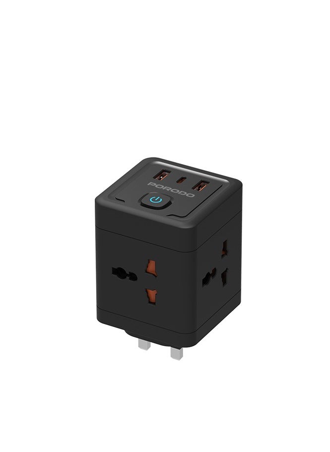 4 AC Universal Power Block Adapter 2500W/ 2 USB-A/1 USB-C/ Built-In Safeguard /  Simultaneous Charging/ ×4 AC Outlet Travel Adapter / On/Off Switch/ 3pin Plug - Black