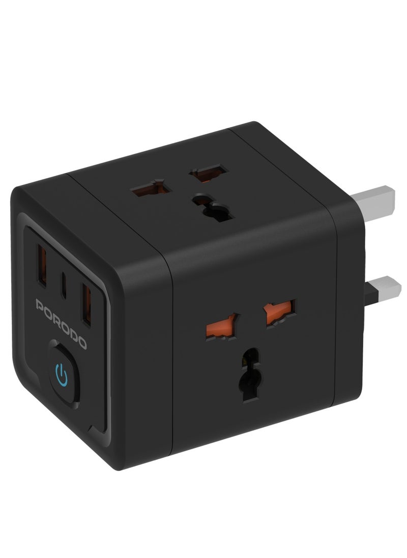 4 AC Universal Power Block Adapter 2500W/ 2 USB-A/1 USB-C/ Built-In Safeguard /  Simultaneous Charging/ ×4 AC Outlet Travel Adapter / On/Off Switch/ 3pin Plug - Black