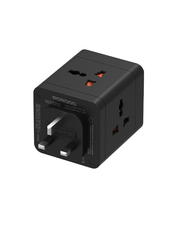 4 AC Universal Power Block Adapter 2500W/ 2 USB-A/1 USB-C/ Built-In Safeguard /  Simultaneous Charging/ ×4 AC Outlet Travel Adapter / On/Off Switch/ 3pin Plug - Black