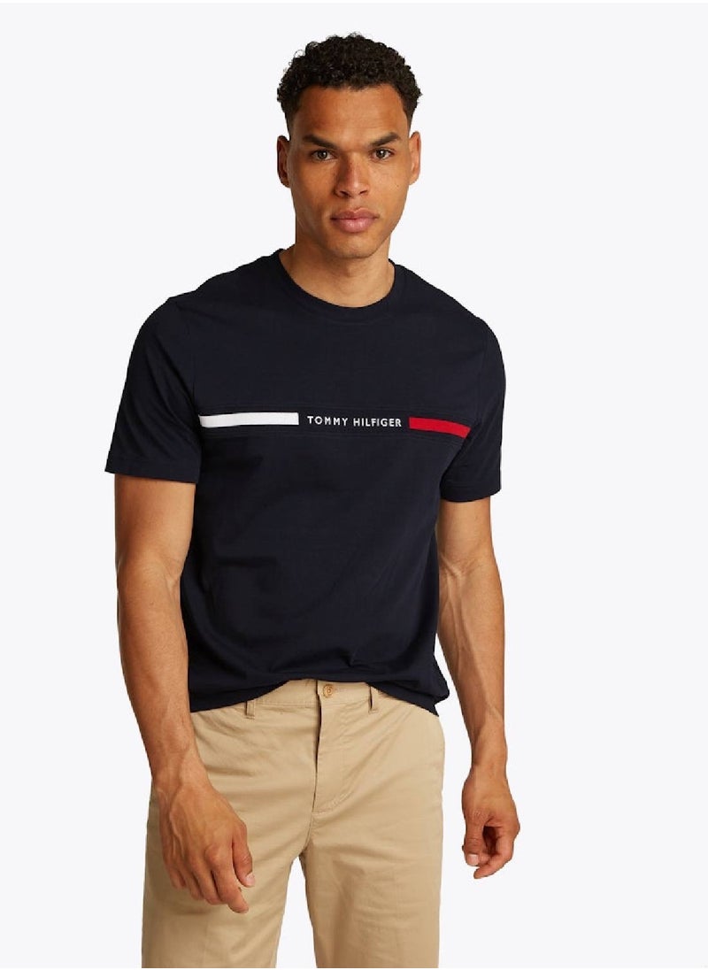 Men's Crew Neck Logo Panel T-Shirt - Cotton, Blue